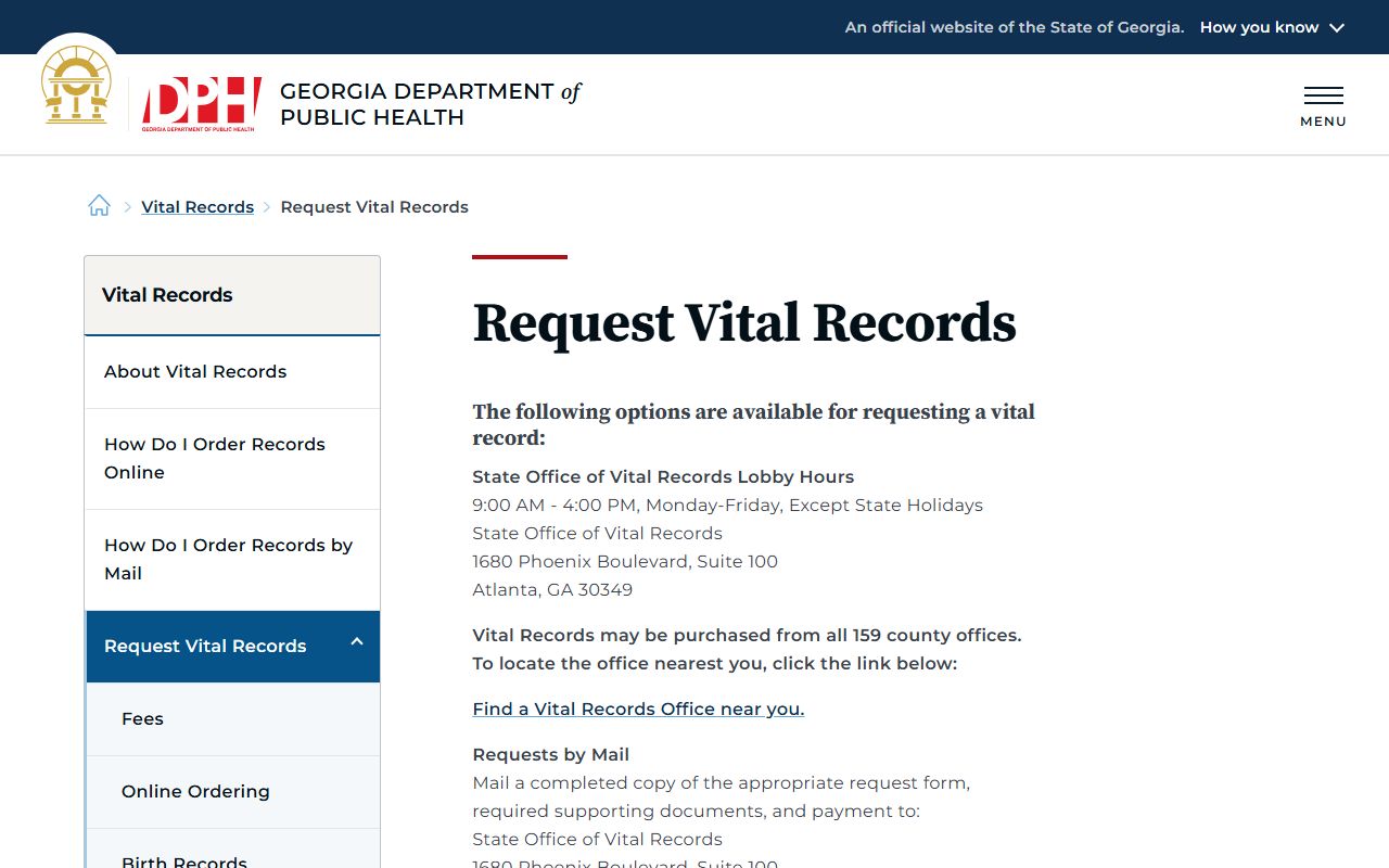 Georgia Department of Public Health divorce certificate ordering page